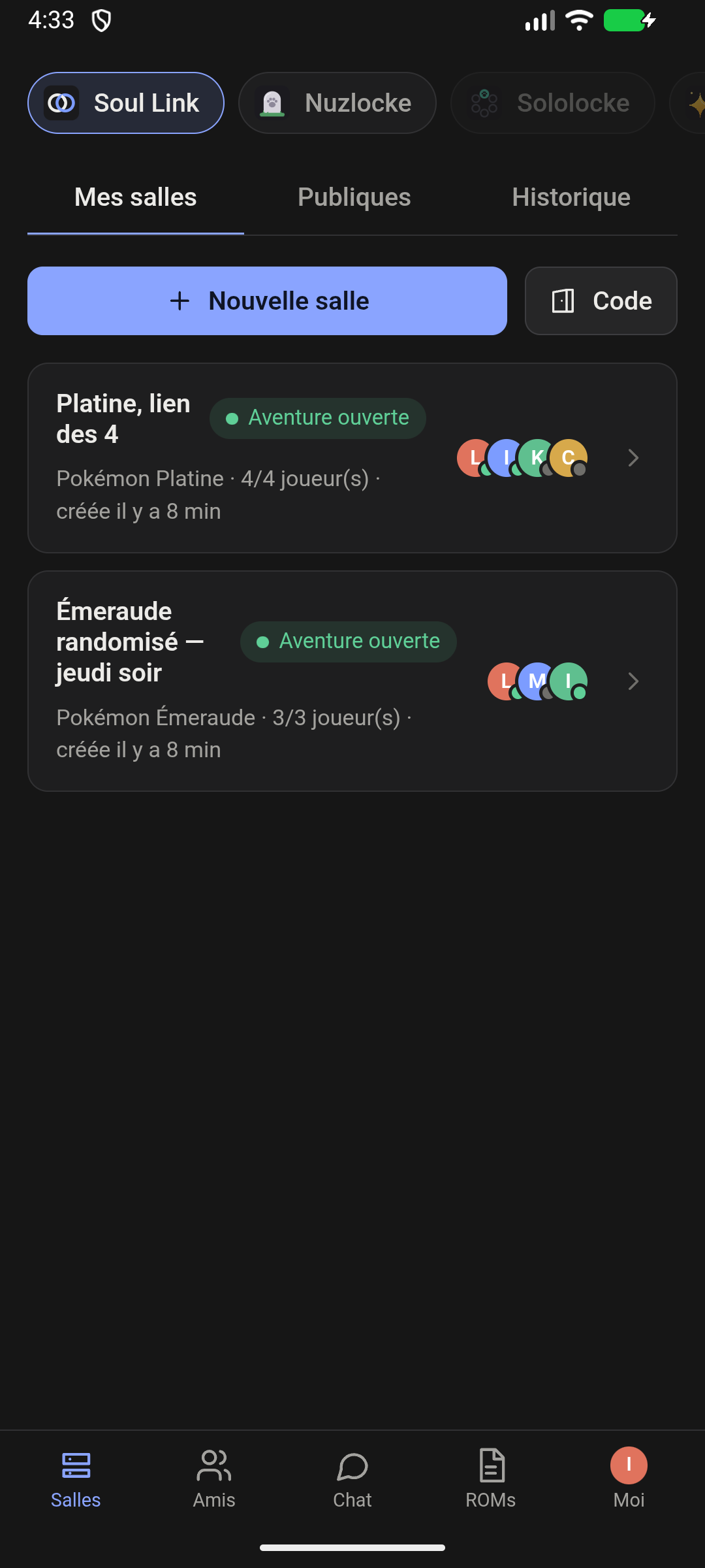 Cable Club sur téléphone : la liste des salles et la barre de navigation.